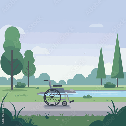 Flat design illustration of a serene park scene with a wheelchair, symbolizing accessibility and inclusivity in public spaces.