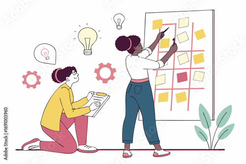 Diverse young women collaborating on a project brainstorming ideas using a kanban board and sticky notes with creative symbols