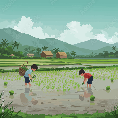 Two children planting rice in a lush green field, a serene flat design capturing rural life and connection to nature. Vector illustration.