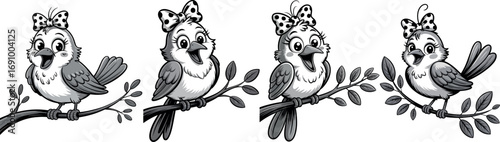 Cute Cartoon Bird Character with Bow Sitting on Branch Illustration Design Artwork