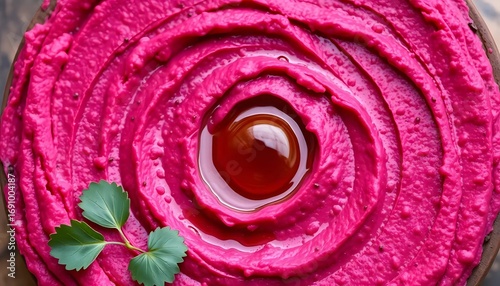 Vibrant pink beet hummus swirled with olive oil and garnished with fresh green leaves