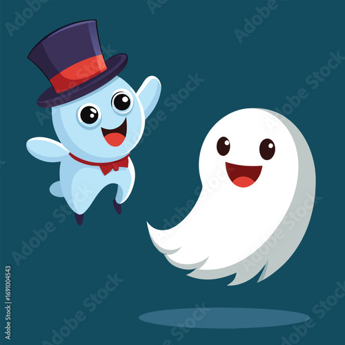 Two funny penguins in winter holiday cartoon illustration