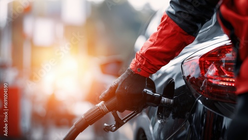 Person refueling a car at a gas station