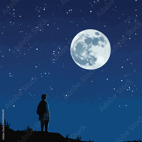 Stunning watercolor illustration of a full moon glowing against a deep blue starry sky, evoking wonder and calm in the cosmos. Flat design vector art.