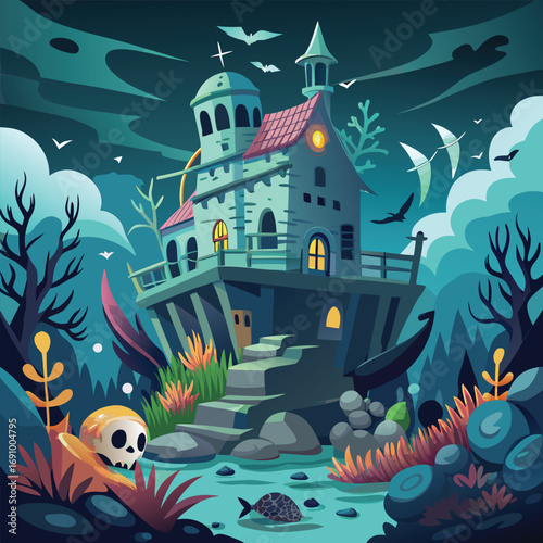 Fairy tale castle in the night surrounded by trees