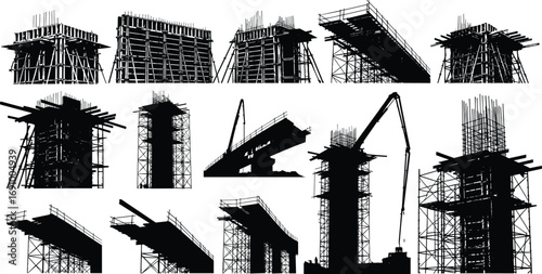 Bridge construction silhouettes with scaffolding, formwork, and rebar showing infrastructure development stages, concrete casting, and civil engineering structures.