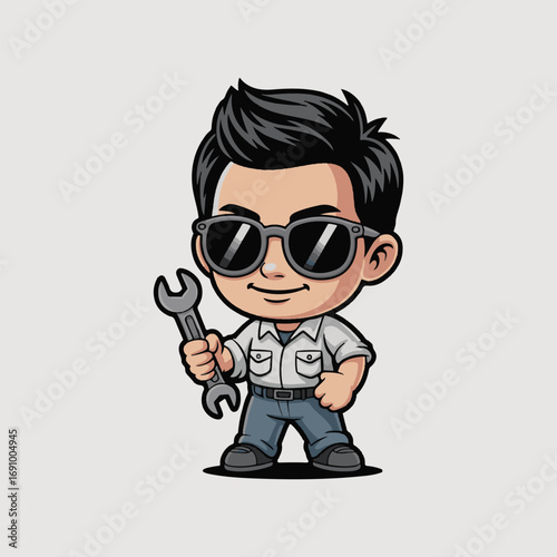 funny cartoon of a boy with a wrench