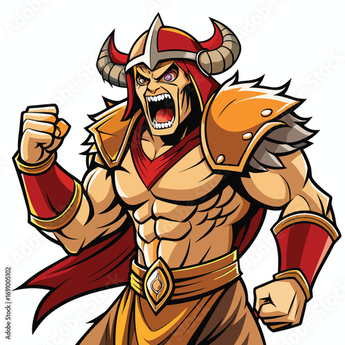 Red comic drawing of a fun cartoon viking warrior with a sword and a hat, character illustration vector
