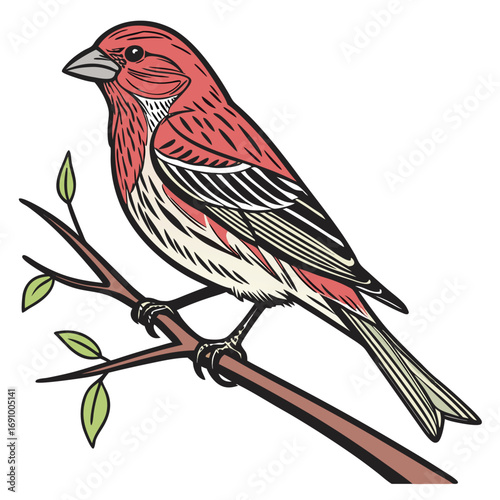 Red-Headed House Finch on Leafy Branch Vector


