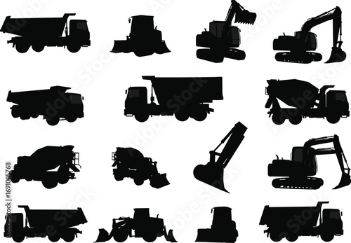 Construction equipment silhouettes, heavy machinery black vector set, dump truck, excavator, bulldozer, cement mixer, loader, industrial construction vehicles, black silhouettes collection
