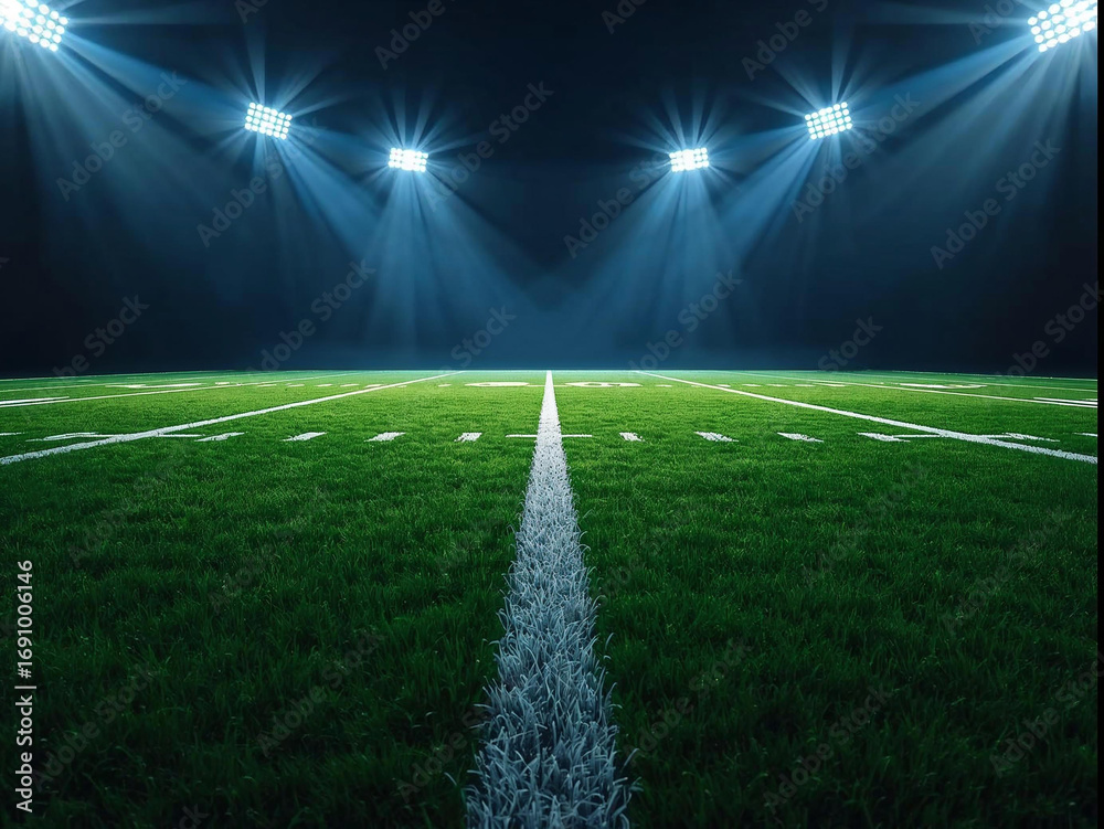 Obraz premium Bright floodlights illuminate an American football field at night, seen from the 50 yard line with dramatic shadows.