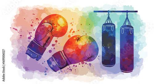 Vibrant watercolor illustration of a boxing scene, capturing dynamic movement and energy with a unique artistic style, perfect for sports and art themes.