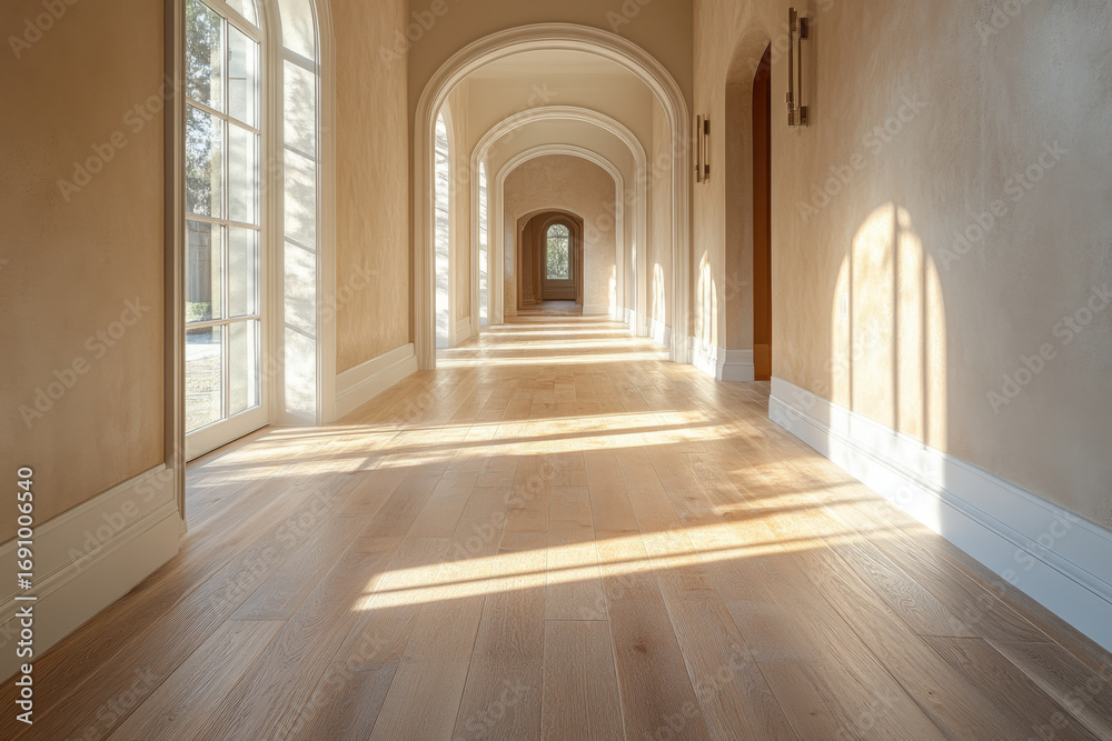 Fototapeta premium Person jogging in a long hallway by a large window on a wooden floor.