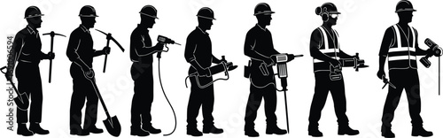 Construction workers silhouettes with tools, safety helmets, vests, shovels, pickaxes, drills, jackhammers, grinders, industrial work, manual labor.