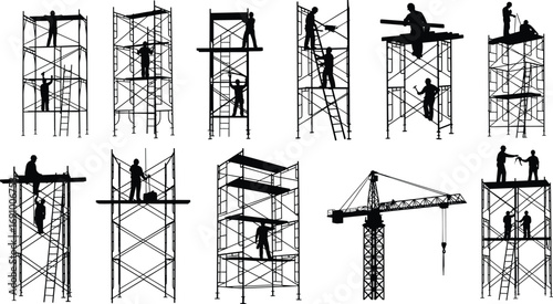 Construction workers on scaffolding and tower crane, building site safety, manual labor, teamwork, industrial work, construction equipment, structural framework.