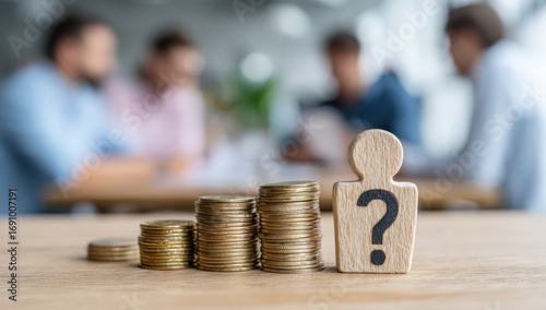 Wooden figure with question mark, stacks of coins