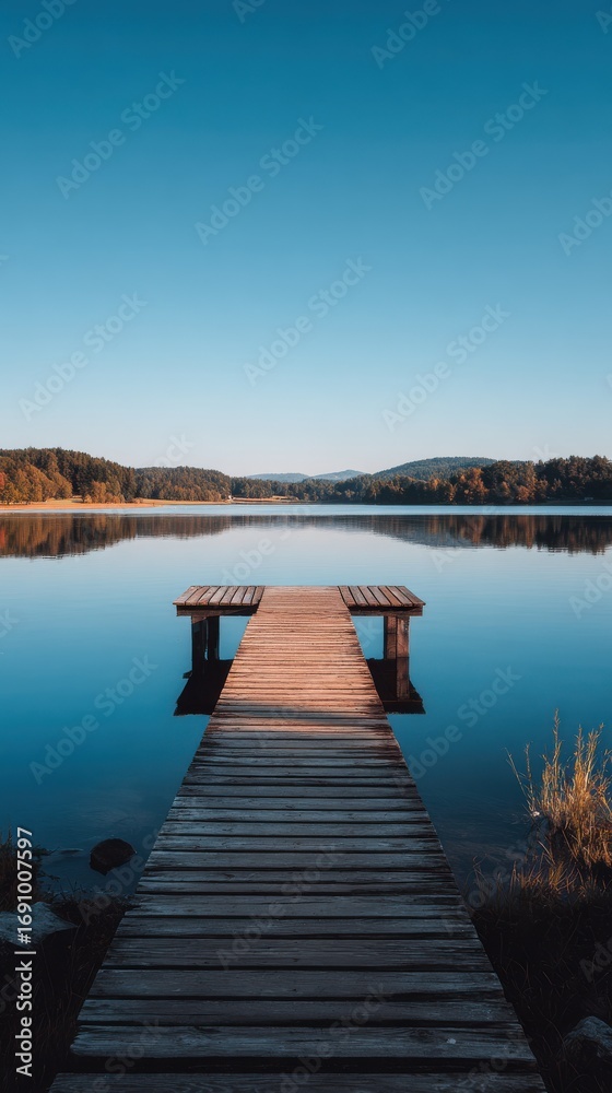 Naklejka premium Single Wooden Dock Extending into Calm Blue Lake under Bright Sunny Sky