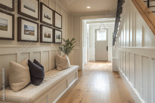 Wooden bench in white hallway with staircase.