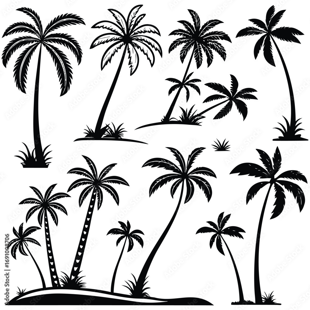 Fototapeta premium Palm Tree Silhouette Vector Set – Tropical Island Tree Illustrations with Grass and Curved Trunks, Ideal for Beach, Summer, Jungle, Paradise, or Exotic Nature Design Projects