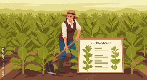 Illustration of a tobacco farmer in field with curing stages information board
