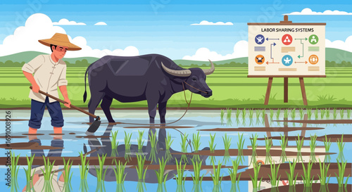 Traditional Asian rice farming with a farmer and water buffalo using labor sharing systems