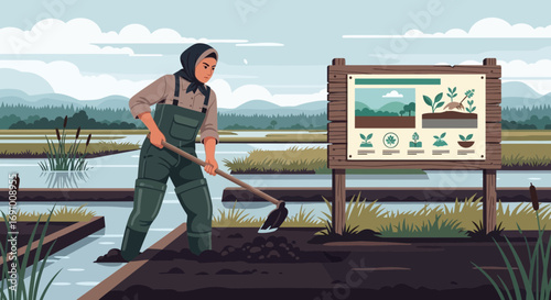 Illustration of a female farmer working in a rice paddy field with an information sign