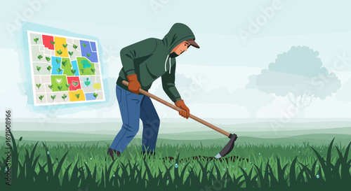 Farmer tending to fields with agricultural map showing crop diversification strategy