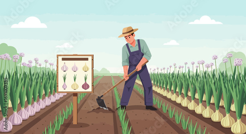 Farmer tending to his onion crop in a rural landscape with a variety guide sign