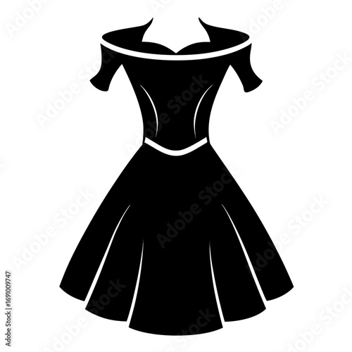 Fashion Off-Shoulder Dress Minimalist Black Silhouette Vector Design Isolated on White