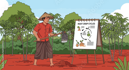 Illustration showcasing a farmer explaining root crop cycles on a rural field