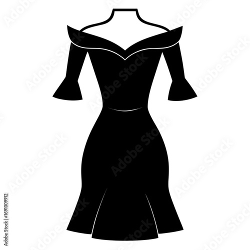 Fashion Off-Shoulder Dress Minimalist Black Silhouette Vector Design Isolated on White