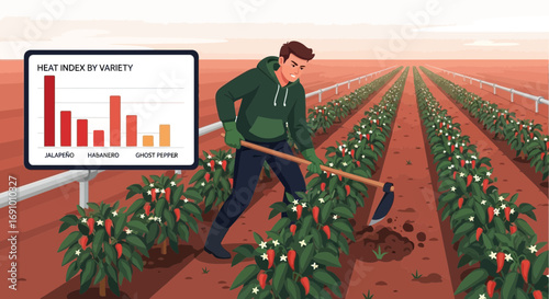 Illustration of a Pepper Farmer Working in the Field with a Heat Index Chart Display