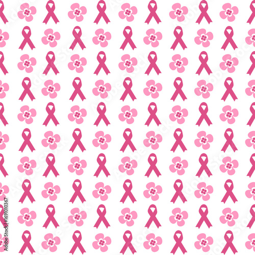 Pink ribbons and flowers seamless pattern on a white background. Support, solidarity concept. Vector illustration.