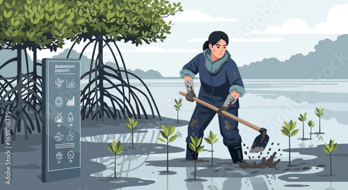 Illustration of woman planting mangrove seedlings to support biodiversity and conservation efforts