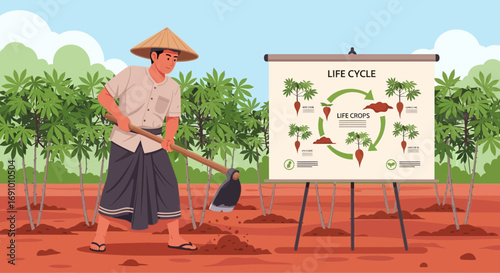 Illustration of a farmer working in a cassava field with a life cycle diagram presentation