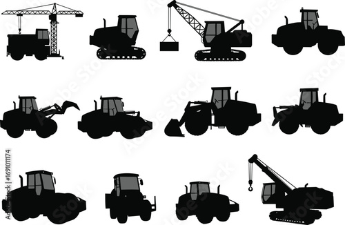 Construction equipment silhouettes, heavy machinery black vector set, crane, excavator, bulldozer, backhoe, roller, tractor, loader, industrial construction vehicles, black silhouettes collection