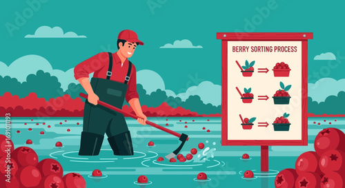 Illustrative cranberry harvest scene with farmer and berry sorting process diagram
