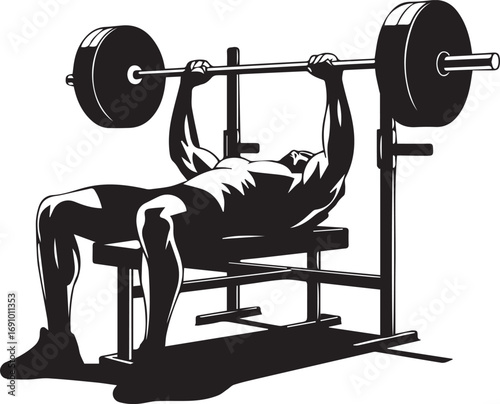 Muscular athlete silhouette performing bench press exercise with barbell in gym silhouette style