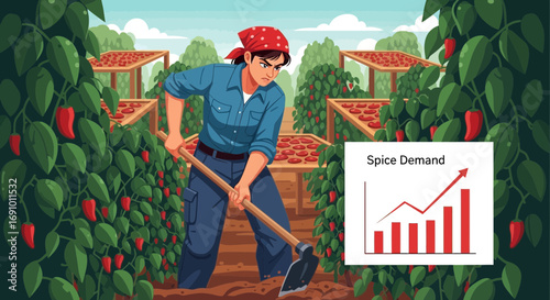 Cartoon illustration featuring a farmer tending to a spice crop with rising demand graph