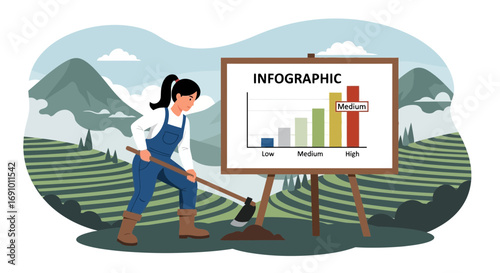Female farmer digging the ground while consulting a business infographic board