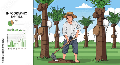Hand-drawn illustration showcasing a farmer tending to coconut trees for sap harvesting and yield