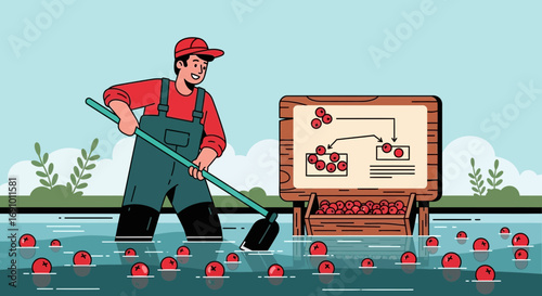 Illustration of a cranberry farmer harvesting cranberries in a flooded bog with diagram