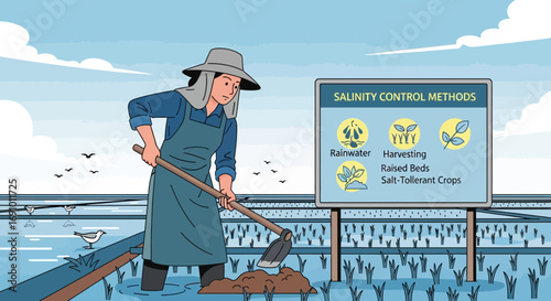 Illustration of farmer implementing salinity control methods in a rice field landscape