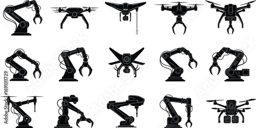 Industrial robotic arms and drones with manipulators and cameras in silhouette, showcasing automation technology for manufacturing, logistics, and surveillance.