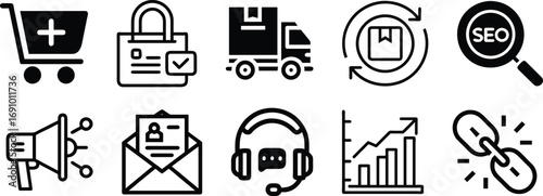 Business & Marketing Icon, Collection of black and white business and marketing icons in silhouette style isolated on white background