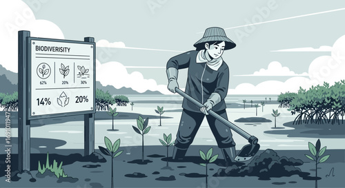 Illustration showcasing a farmer working in a mangrove restoration area promoting biodiversity