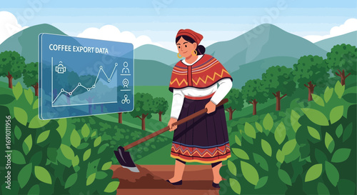Coffee farmer analyzing export data using a virtual display in her coffee plantation showcasing