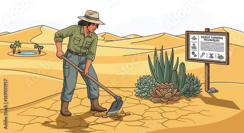 Illustration of a female farmer using traditional methods in a desert environment promoting
