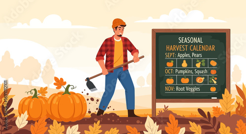 Illustration of a farmer harvesting pumpkins in autumn with seasonal harvest calendar