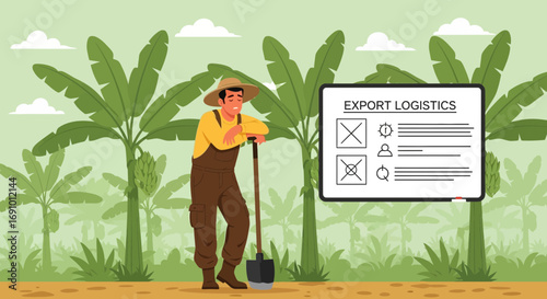 Banana farm export logistics concept featuring a farmer and an export checklist